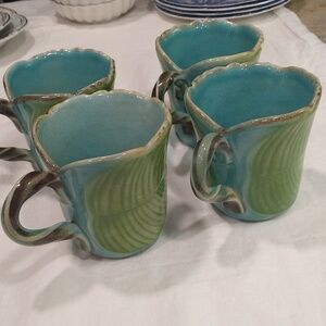 4 leaf mugs hand painted Italy Neiman Marcus aqua green coastal extra large
